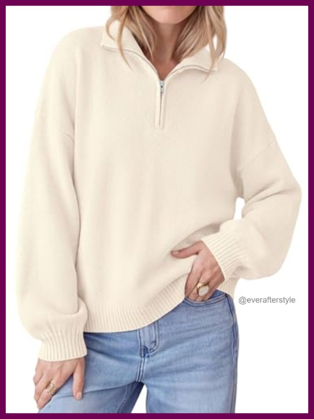 Women's Oversized Quarter Zip Pullover Sweater Drop Shoulder Knit Long Sleeve